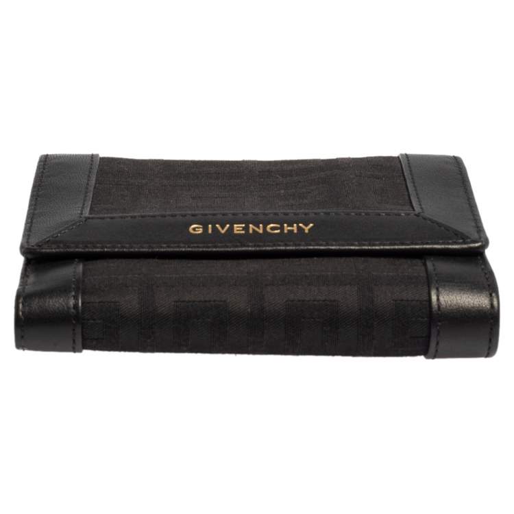 Pre Owned Givenchy Black Monogram Fabric and Leather Trim Flap Compact Wallet