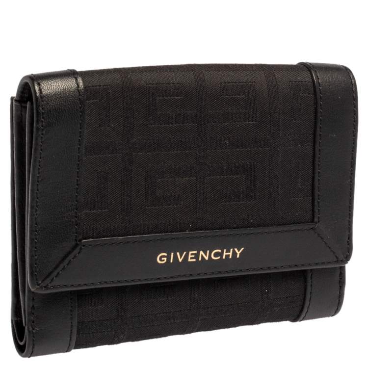Pre Owned Givenchy Black Monogram Fabric and Leather Trim Flap Compact Wallet