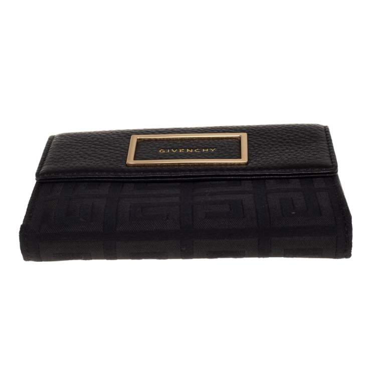 Pre Owned Givenchy Black Monogram Fabric and Leather Flap Compact Wallet
