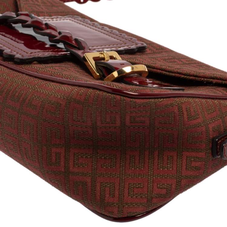 Pre Owned Givenchy Brown/Burgundy Signature Canvas and Leather Flap Baguette 