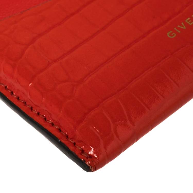 Pre Owned Givenchy Red Croc Embossed Leather and Leather Card Case