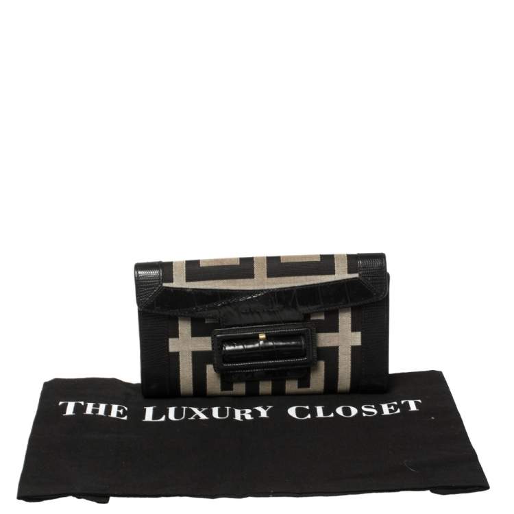 Pre Owned Givenchy Black Monogram Canvas and Croc Embossed Leather Tri Fold Continental Wallet