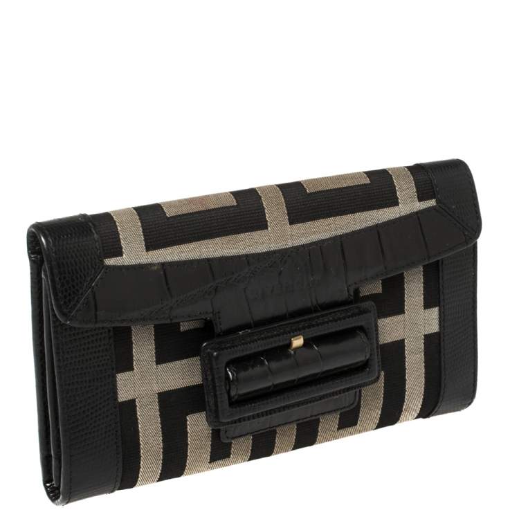 Pre Owned Givenchy Black Monogram Canvas and Croc Embossed Leather Tri Fold Continental Wallet