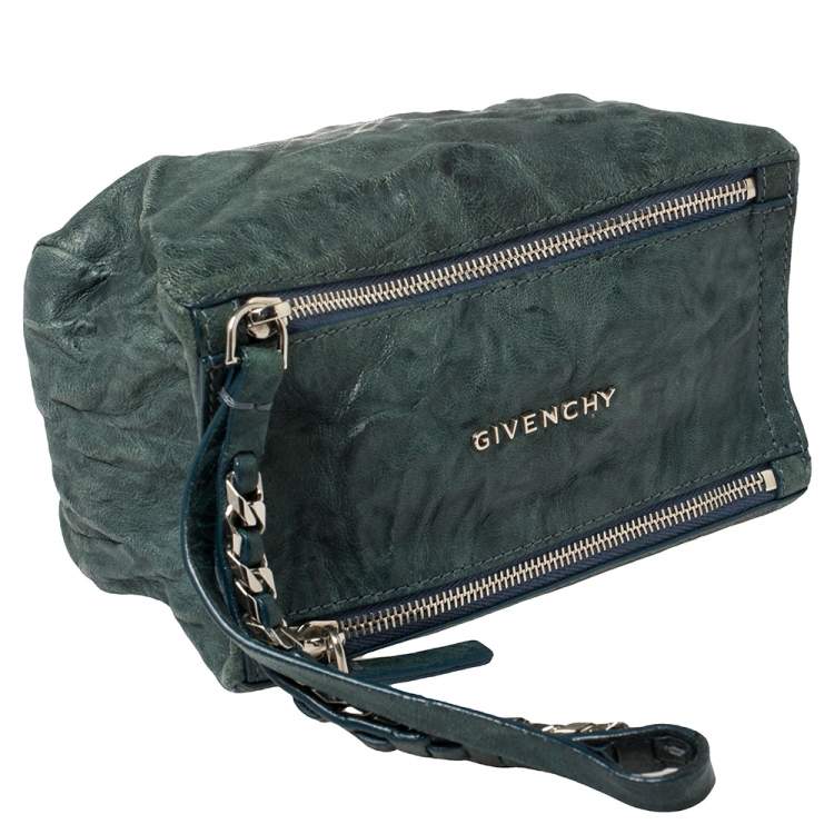 Pre Owned Givenchy Teal Blue Distressed Leather Pandora Clutch