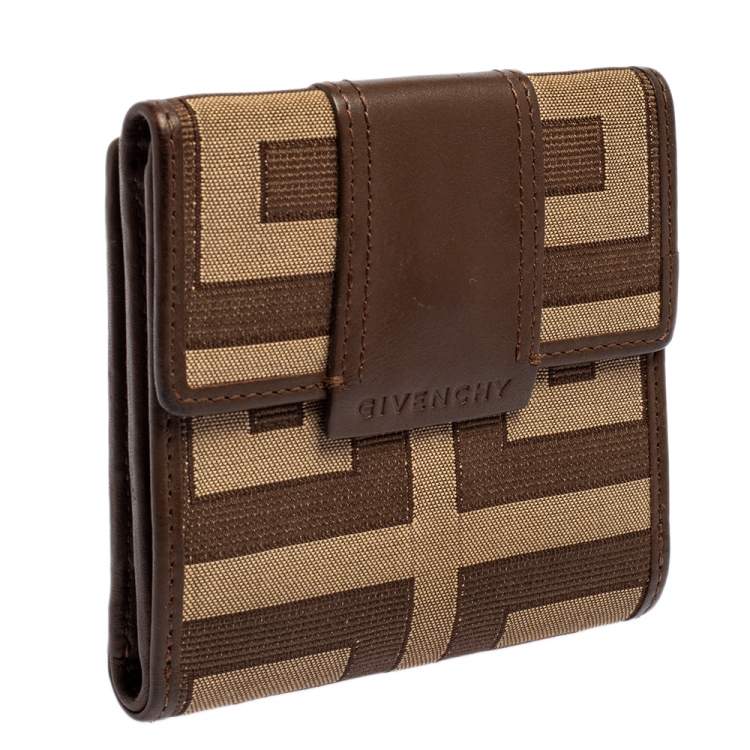 Pre Owned Givenchy Brown Signature Canvas and Leather Trim Compact Wallet
