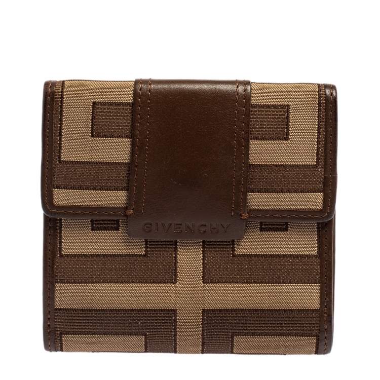 Pre Owned Givenchy Brown Signature Canvas and Leather Trim Compact Wallet