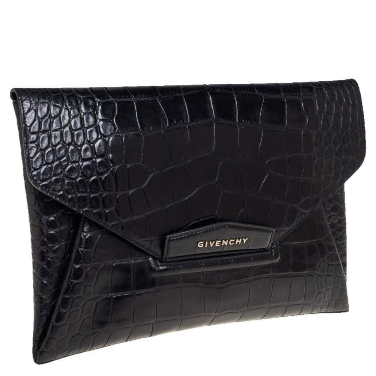 Pre Owned Givenchy Black Croc Embossed Leather Medium Antigona Clutch