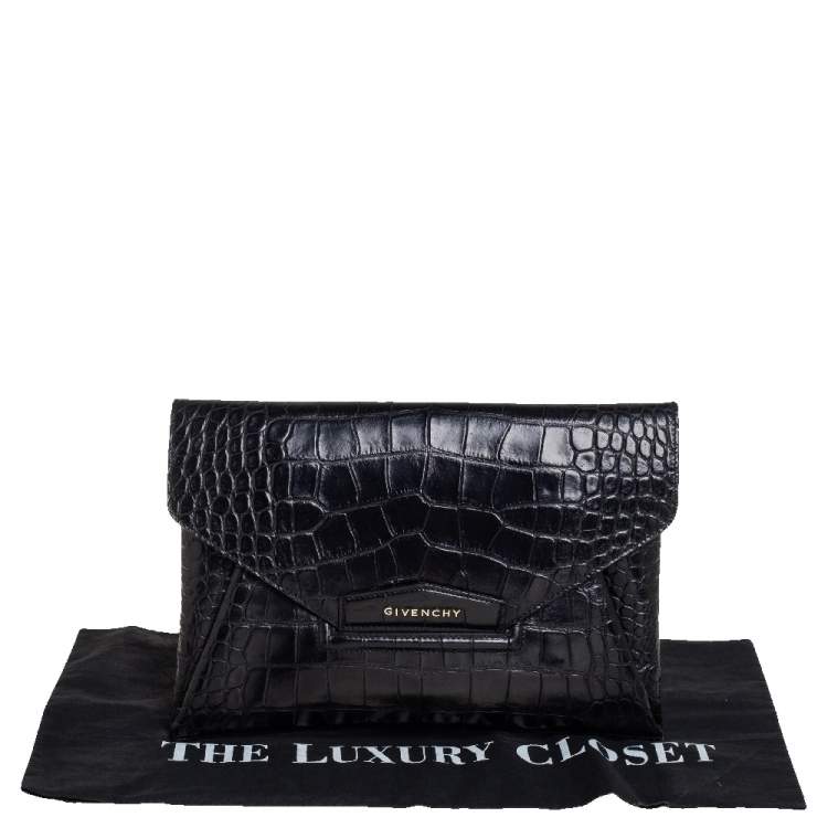 Pre Owned Givenchy Black Croc Embossed Leather Medium Antigona Clutch