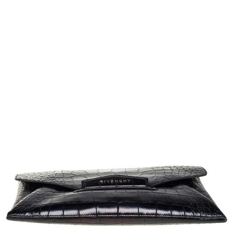 Pre Owned Givenchy Black Croc Embossed Leather Medium Antigona Clutch