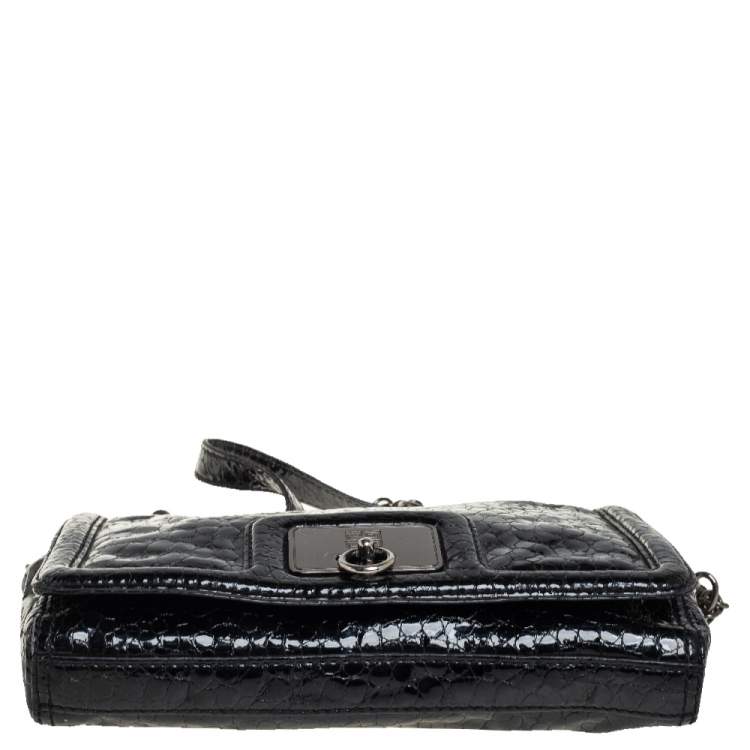 Pre Owned Givenchy Black Croc Embossed Patent Leather Flap Chain Bag