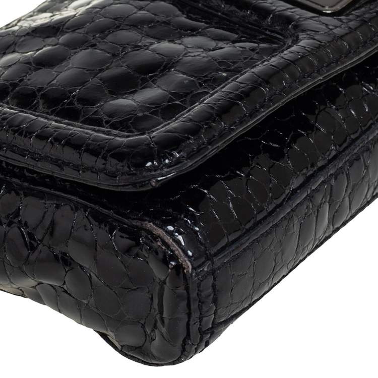 Pre Owned Givenchy Black Croc Embossed Patent Leather Flap Chain Bag