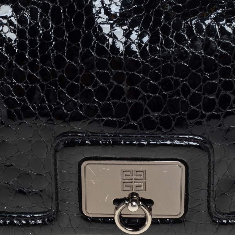 Pre Owned Givenchy Black Croc Embossed Patent Leather Flap Chain Bag