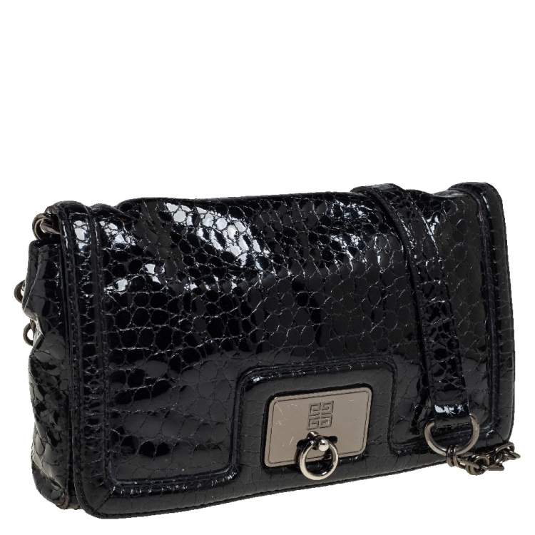 Pre Owned Givenchy Black Croc Embossed Patent Leather Flap Chain Bag