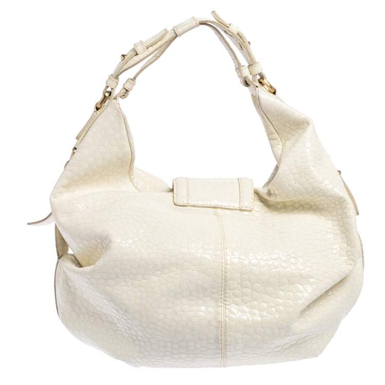 Pre Owned Givenchy Off White Patent Leather Flap Logo Hobo