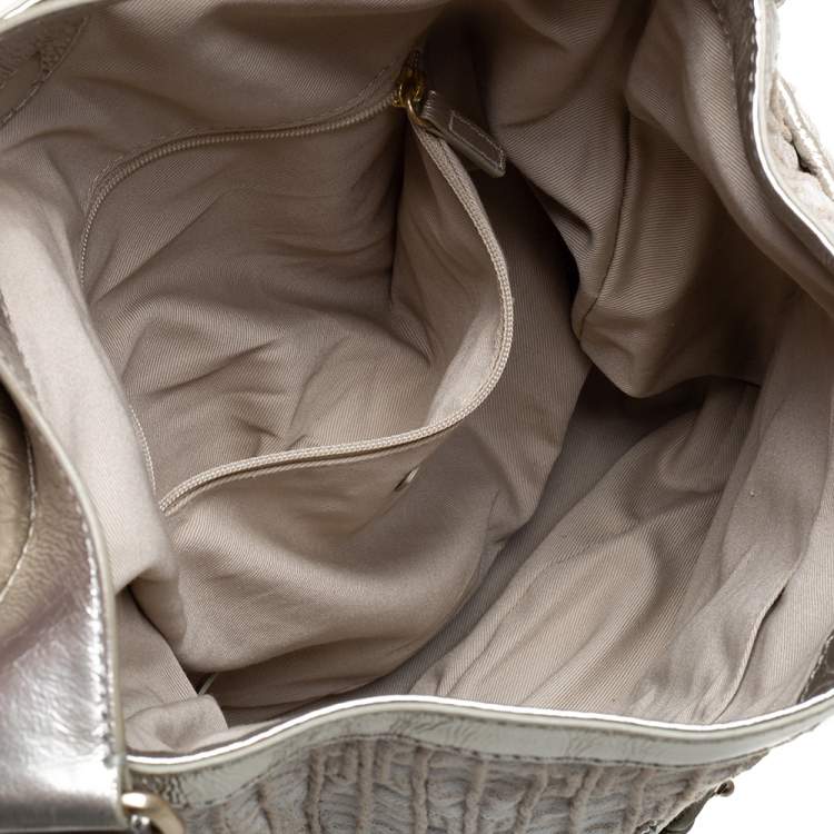 Pre Owned Givenchy Gold/Beige Shimmering Textured Canvas and Leather Logo Hobo