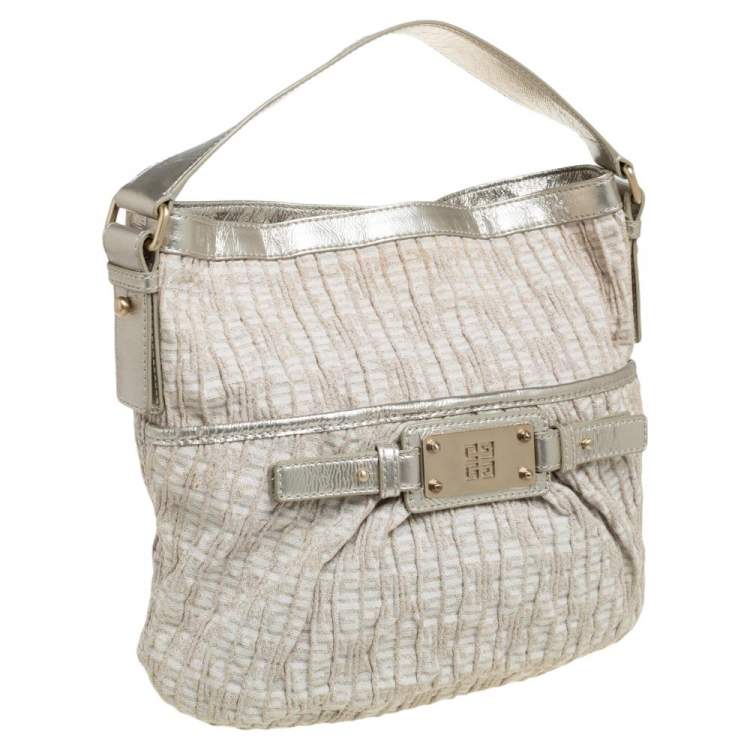 Pre Owned Givenchy Gold/Beige Shimmering Textured Canvas and Leather Logo Hobo