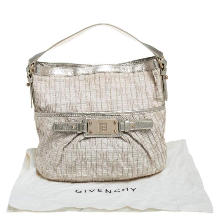 Pre Owned Givenchy Gold/Beige Shimmering Textured Canvas and Leather Logo Hobo
