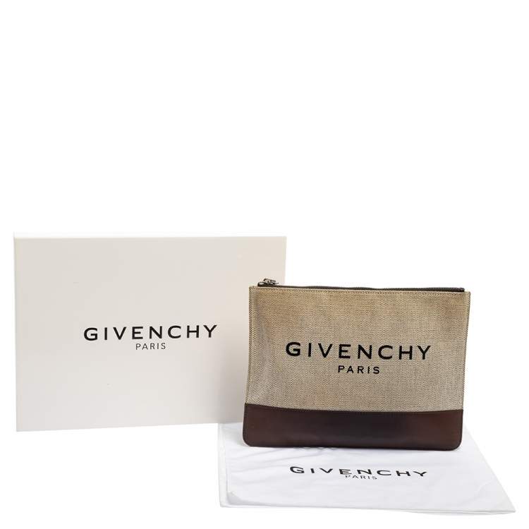 Pre Owned Givenchy Beige/Brown Canvas and Leather Flat Zip Pouch