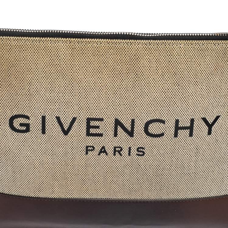 Pre Owned Givenchy Beige/Brown Canvas and Leather Flat Zip Pouch