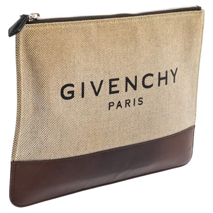 Pre Owned Givenchy Beige/Brown Canvas and Leather Flat Zip Pouch