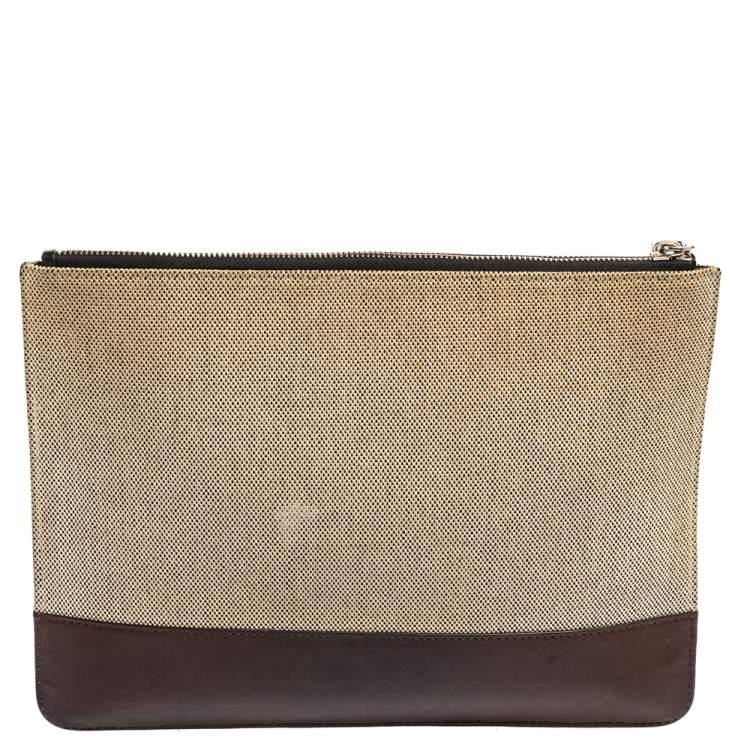 Pre Owned Givenchy Beige/Brown Canvas and Leather Flat Zip Pouch
