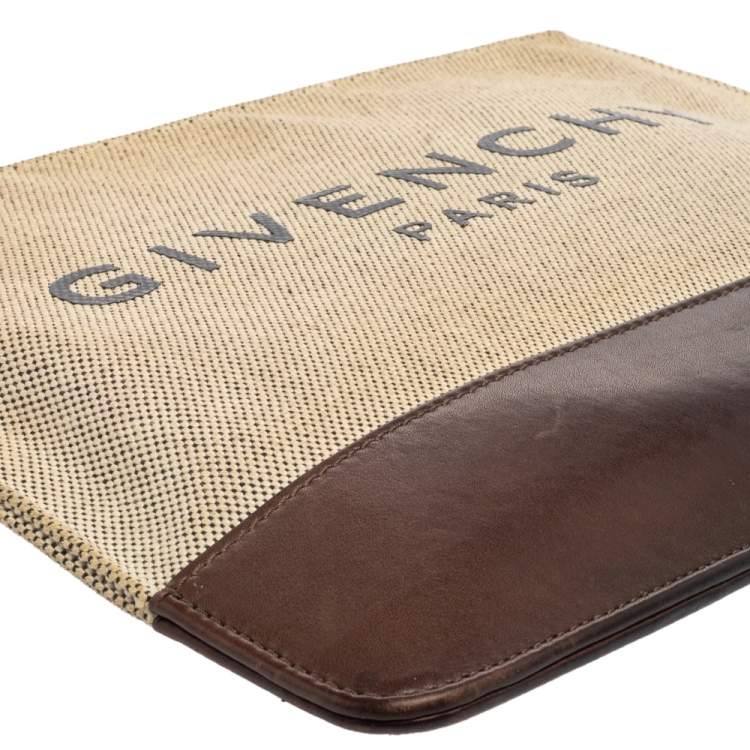 Pre Owned Givenchy Beige/Brown Canvas and Leather Flat Zip Pouch