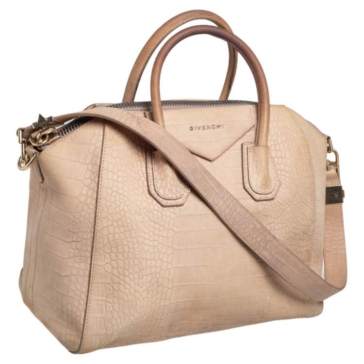 Pre Owned Givenchy Beige Croc Embossed Leather Medium Antigona Satchel