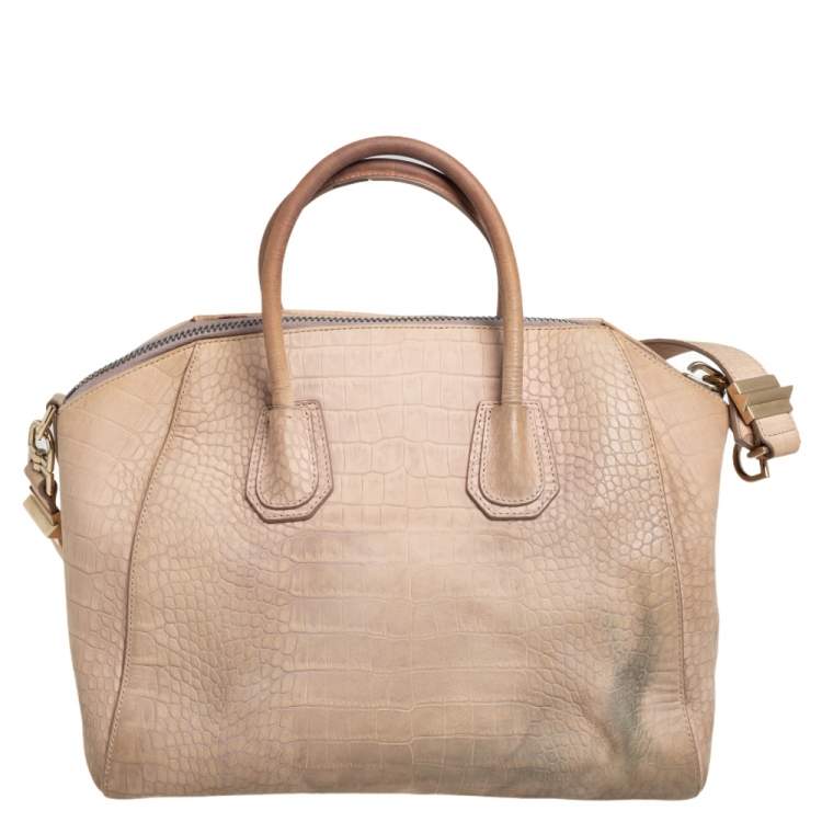 Pre Owned Givenchy Beige Croc Embossed Leather Medium Antigona Satchel