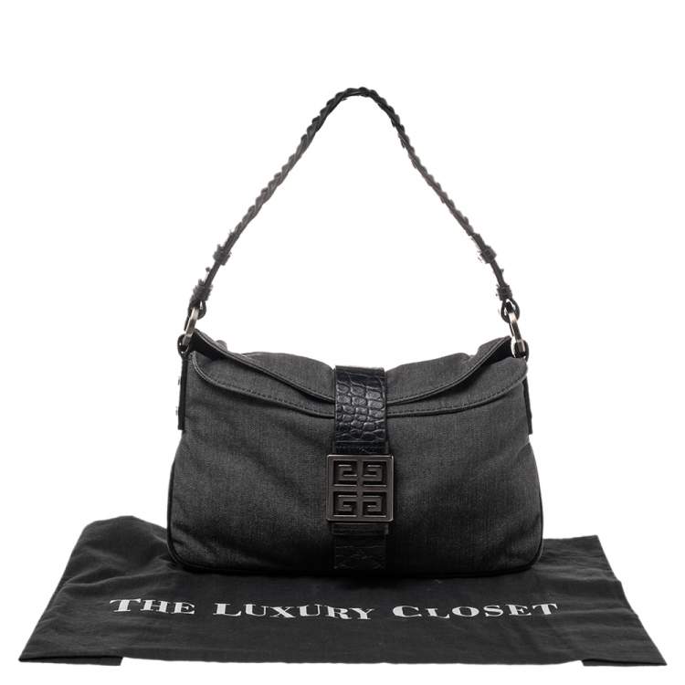 Pre Owned Givenchy Grey/Black Denim and Croc Embossed Leather Hobo