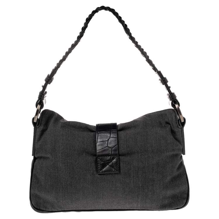Pre Owned Givenchy Grey/Black Denim and Croc Embossed Leather Hobo