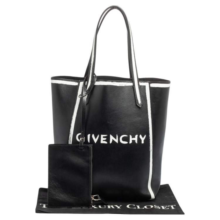 Pre Owned Givenchy Black/White Leather Stargate Logo Tote