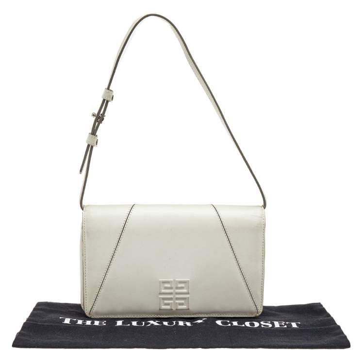 Pre Owned Givenchy White Leather Logo Flap Shoulder Bag