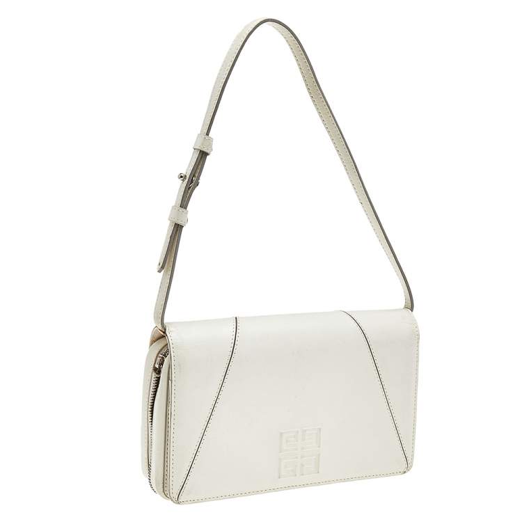 Pre Owned Givenchy White Leather Logo Flap Shoulder Bag