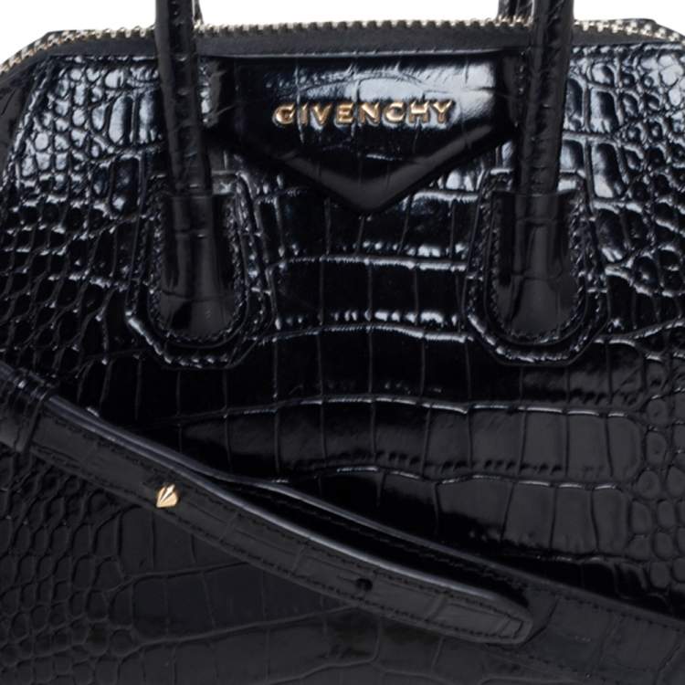 Pre Owned Givenchy Black Glossy Croc Embossed Leather Mini Antigona Satchel