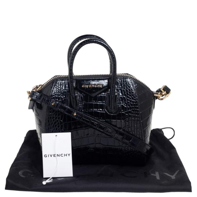 Pre Owned Givenchy Black Glossy Croc Embossed Leather Mini Antigona Satchel