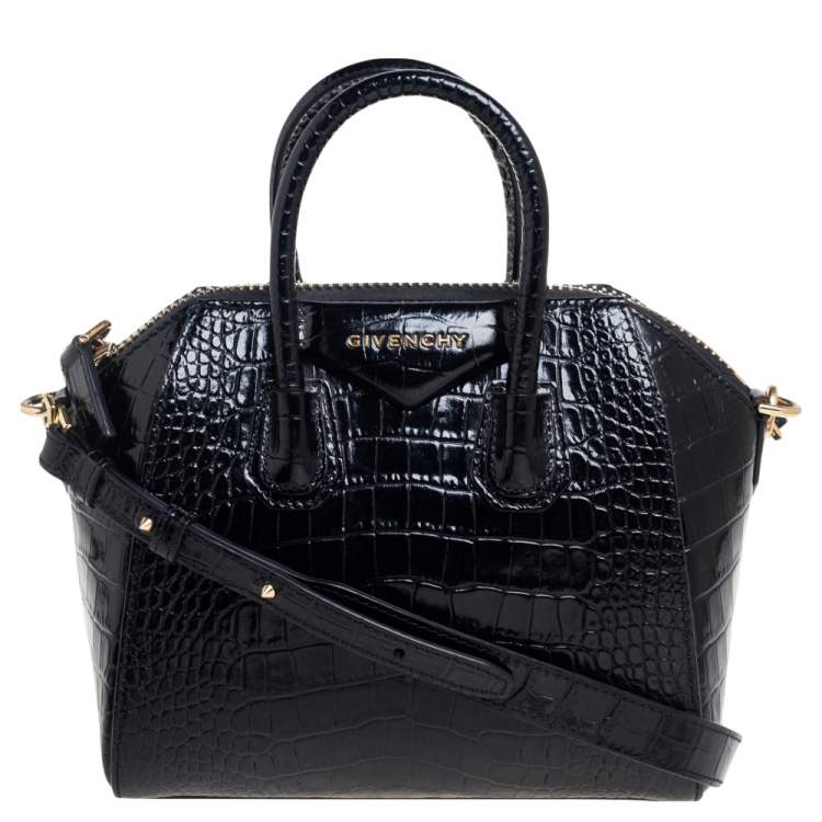 Pre Owned Givenchy Black Glossy Croc Embossed Leather Mini Antigona Satchel