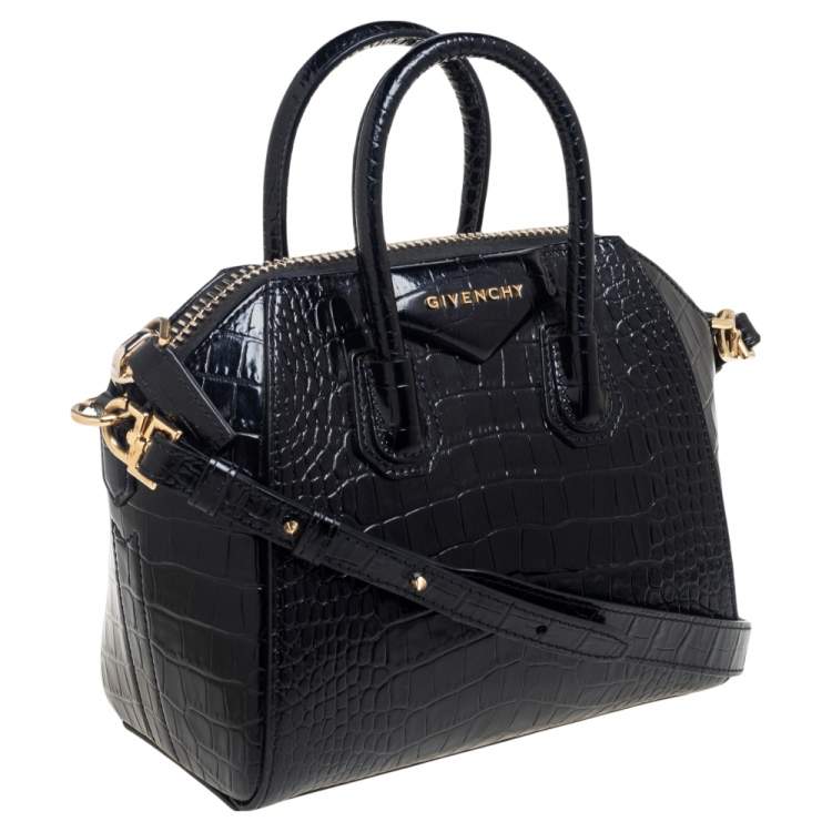 Pre Owned Givenchy Black Glossy Croc Embossed Leather Mini Antigona Satchel