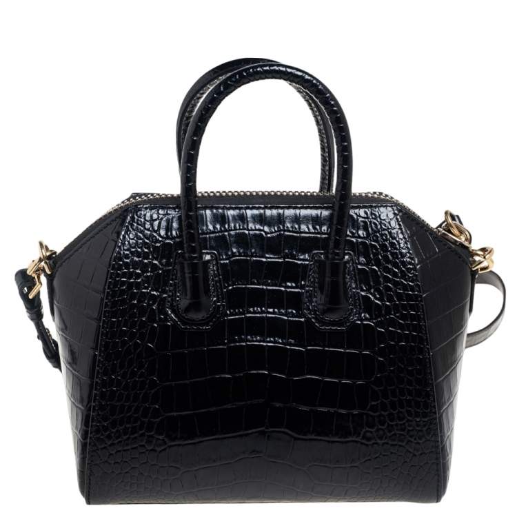 Pre Owned Givenchy Black Glossy Croc Embossed Leather Mini Antigona Satchel