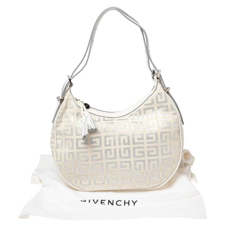 Pre Owned Givenchy White Shimmery Signature Canvas and Leather Trim Hobo