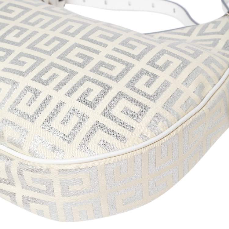 Pre Owned Givenchy White Shimmery Signature Canvas and Leather Trim Hobo