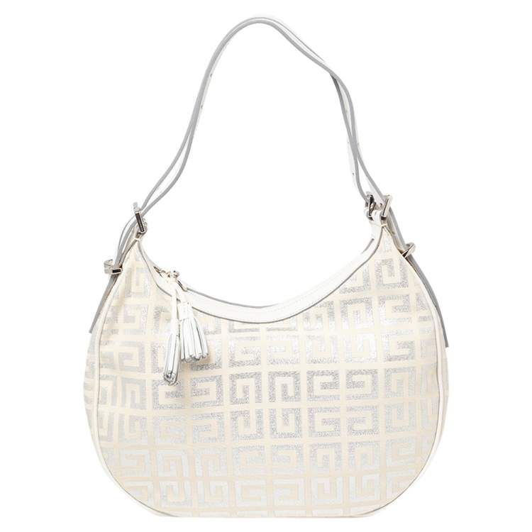 Pre Owned Givenchy White Shimmery Signature Canvas and Leather Trim Hobo