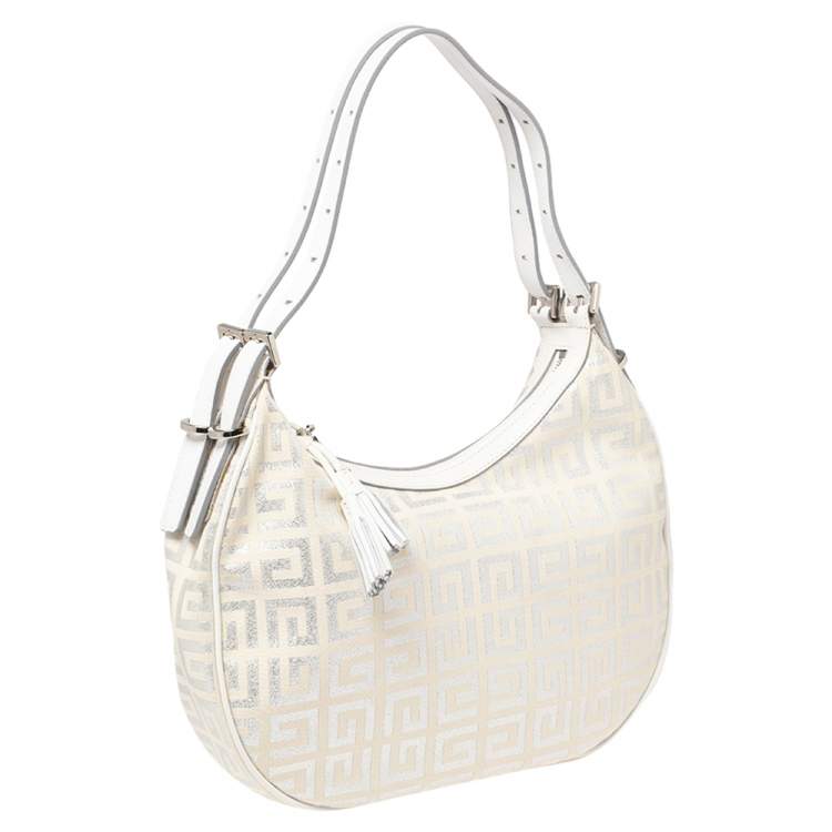 Pre Owned Givenchy White Shimmery Signature Canvas and Leather Trim Hobo