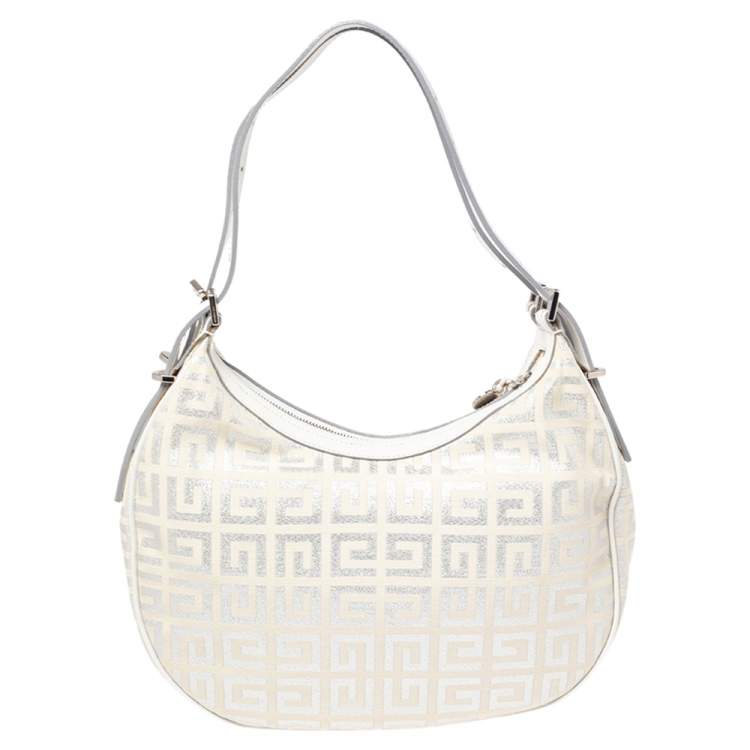 Pre Owned Givenchy White Shimmery Signature Canvas and Leather Trim Hobo