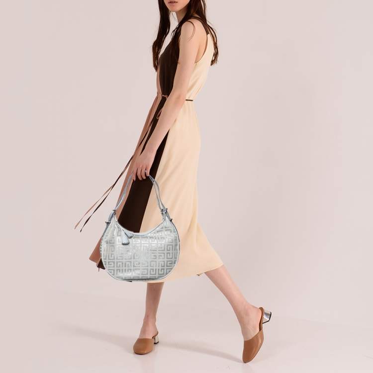 Pre Owned Givenchy White Shimmery Signature Canvas and Leather Trim Hobo