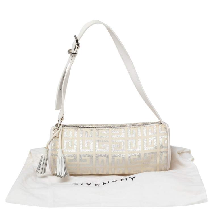 Pre Owned Givenchy White Shimmery Signature Canvas and Leather Trim Pochette