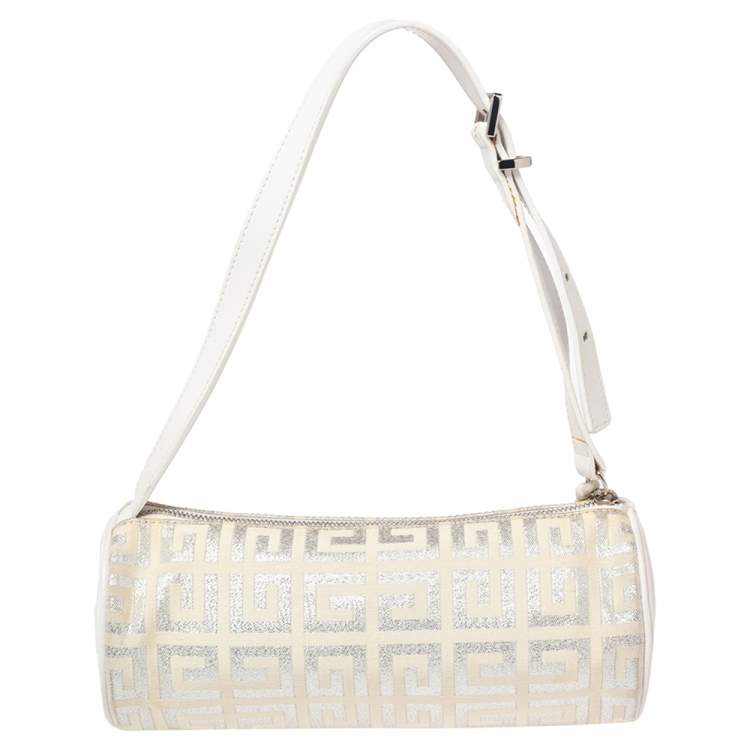 Pre Owned Givenchy White Shimmery Signature Canvas and Leather Trim Pochette