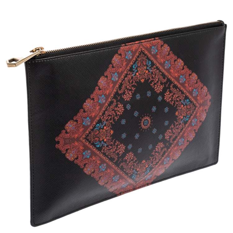 Pre Owned Givenchy Black Printed Leather Flat Clutch