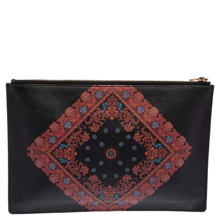 Pre Owned Givenchy Black Printed Leather Flat Clutch