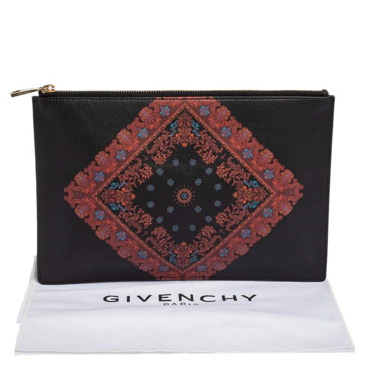 Pre Owned Givenchy Black Printed Leather Flat Clutch