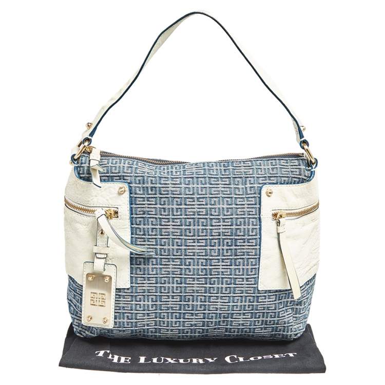 Pre Owned Givenchy Blue/White Monogram Denim and Leather Side Pocket Hobo
